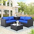 Outdoor PE Wicker Furniture Set 4 Piece Patio Black Rattan Sectional Loveseat Couch Set Conversation Sofa with Storage Box Glass Top Table and Non-Slip Royal Blue Cushion