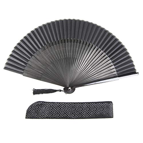 扇子 シルク 黒 無地 彫 黒骨 男性 紳士 メンズ 高級 ギフト 3点セット 扇子袋付 箱付き 贈り物 父の日 (ブラック 3#)