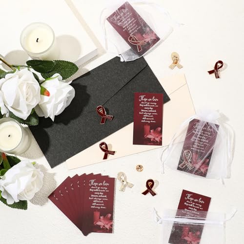 Image of Unittype 60 Set Funeral Ribbon Pins Awareness Lapel Pin | Memorial Pins Remembrance Ribbon Brooch with Prayer Cards Organza Bags for Women Men