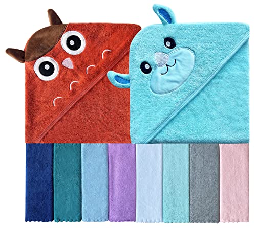 Image of Sunny zzzZZ Baby Hooded Bath Towel and Washcloth Sets, Baby Essentials for Newborn Boy Girl, Baby Shower Towel Gifts for Infant and Toddler - 2 Towel and 8 Washcloths - Owl and Rhino