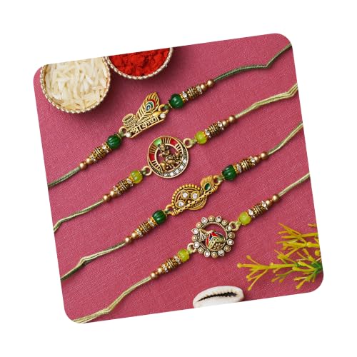 Image of eCraftIndia Set of 4 Lord Ganesha Peacock Krishna & Kalash Designer Rakhis for Brother Bhaiya Bhai | Roli Chawal Pack