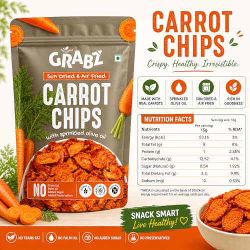 Image of GRABZ Crunchy Carrot Chips | Solar-Dried, Air-Cooked | Vitamin-Rich, Low Fat Healthy Snack - 20g Each (Pack of 3)