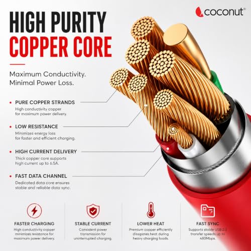 Image of coconut C1 USB to Type C Fast Charging Cable 65W, 1M Red, Dash /Warp /VOOC /SuperDart Support, USB C Cable for OnePlus, Realme, Oppo, Vivo, Android Fast Charger Data Sync Cable - 6 Months Warranty