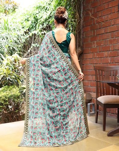 Image of Yashika Women's Georgette Saree with Lace Border |Solid Digital Printed Saree for Women