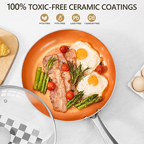 Image of MICHELANGELO Copper Frying Pan Set with Lid, 8 inch & 10 inch Frying Pan Set, Nonstick Frying Pan Set, Copper Pans with Lid, Nonstick Skillets with Lid, Ceramic Fry Pan with Lid, 8 inch & 10 inch
