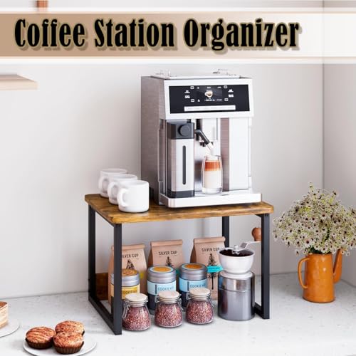 Image of Microwave Oven Stand with Storage Shelf | Rustic Brown Metal & Wood Kitchen Rack | Countertop Organizer for Microwave, Toaster & Coffee Maker (17 x 12.4 x 12 Inch)