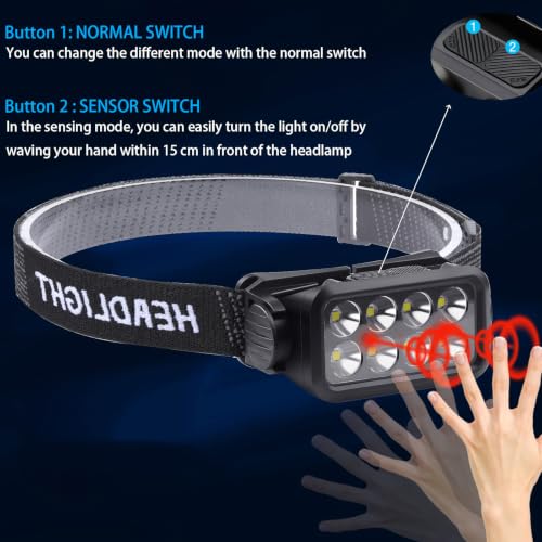 Linterna frontal con sensor de movimiento y 5 modos USB Tipo C ajustable a 120 grados 3