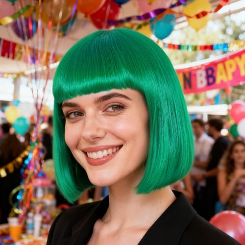 Image of ANOGOL Dark Green Bob Wig with Bangs Green Wigs for Women Colored Wigs | Hair Cap+Sunglasses Short Neon Wig for Bachelorette Party Funny Outfit for Women Halloween Christmas Costume St Patrick Day