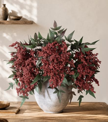 FancyPlus Artificial Flowers 35 Inch Artificial Nandina Berry Stem 3 Pcs Faux Flowers for Vase Realistic Sedum Spray for DIY Bouquet Shower Farmhouse Mantel Home Decor(Burgundy)