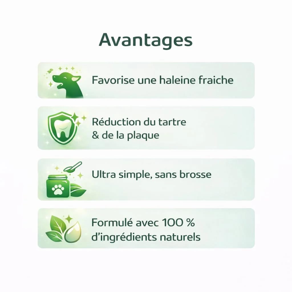 SUNFIDE - Poudre Dentaire pour Chien - Haleine Fraîche, Dents propres, Gencives Saines - Anti-tartre et Mauvaise Haleine - Anti-Plaque - Algues et Probiotiques (1 Boîte (60 Dosettes - Doseur Inclus))