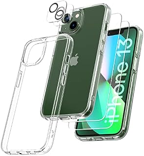 TOCOL 5 in 1 for iPhone 13 Case 6.1 Inch, with 2 Pack Tempered Glass Screen Protector + 2 Pack Camera Lens Protector, Slim Shockproof Cover [Drop Protection] [Never Yellow] Support Magsafe, HD Clear