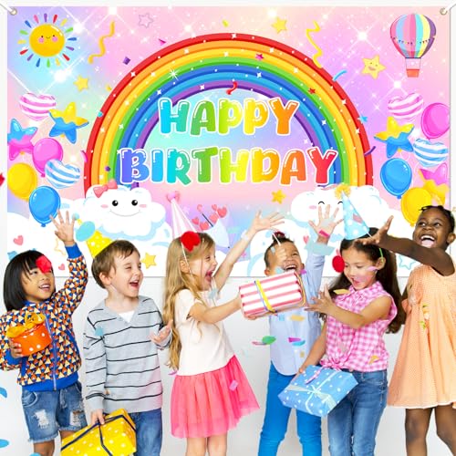 Avezano Rainbow Happy Birthday Banner Colorful Rainbow Birthday Backdrop Rainbow Birthday Decorations for Girls Sky Cloud Rainbow Birthday Party Supplies for Kids 70.8x43.4
