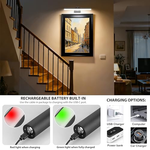 Image of Picture Light,Magnetic Wall Lights 5000mAh,16 inch Art Light for Painting,Black | Photo Lights for Wall Rechargeable,Remote Timer and Dimmer Gallery Light,Metal Gallery Light for Portrait Display Frame