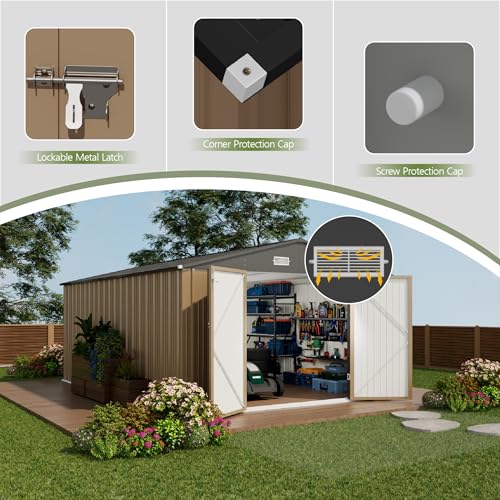 Image of Devoko 10x14 FT Outdoor Storage Shed, Large Metal Storage Sheds with Lockable Door, Utility Garden Tool Shed with Sloping Roof, Outside Steel Storage Sheds for Patio Lawn Backyard, Brown