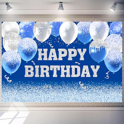 Image of Happy Birthday Decorations Backdrop 8 x 6 ftBlueHappy Birthday Banner Large Birthday Party Background for Men Women Kids Photo Shoot Supplies (Blue, 8 * 6 ft)
