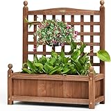 FANTASK Blumenkasten mit Rankgitter, Pflanzkasten Holz, Hochbeet mit Spalier, Blumenkübel Rankhilfe, Gartenspalier Rankkasten für Kletterpflanze