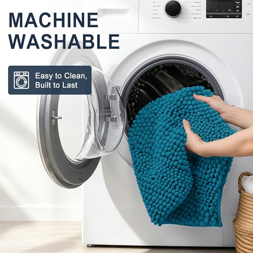Image of Smiry Thick Chenille Bathroom Runner Rugs 44x24, Extra Absorbent Striped Bath Mat, Machine Washable, Rubber Backing, Long Bath Rugs for Tub & Shower, Modern Home Decor Accessories, Peacock Blue