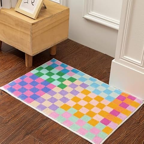 Multicolored Retro Funky Doormat 2'x3', Checkerboard Door Mat Washable Entryway Rug Small Area Rug for Bedroom/Kitchen Cover
