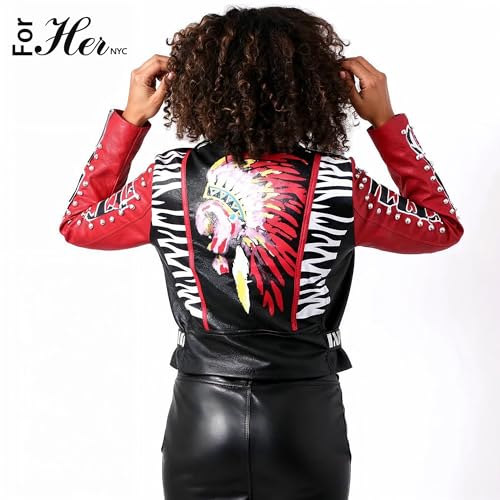 ForHer NYC Women's Punk Faux Leather Jacket, Black/Red, S-2X, Studded Accents, Zebra Print - 817634