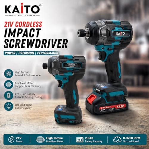 Image of KAITO 21V Brushless Impact Driver Kit | 1 /4 inch Hex, 3800 RPM, High Torque Cordless Screwdriver | 2 Li-Ion Batteries + Charger | Heavy Duty for Wood, Metal & Construction Work