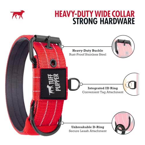 Image of Tuff Pupper Heavy Duty Tactical Dog Collar | 1.5 inch Wide Ballistic Nylon | Reflective Stitching | Integrated ID Tag Holder | Stainless Steel Buckle | Padded Lining | Medium & Large Dogs (Red, Medium)