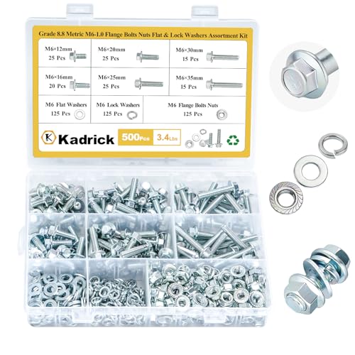 Image of Kadrick 500Pcs Flange Hex Bolts and Nuts Kit,M6 x1.0 (M8 x1.25 M10-1.25 Available) (12mm to 35mm) Metric Bolt Assortment,Alloy Steel Class 8.8 Zinc Plated