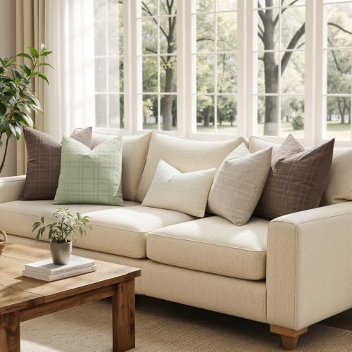 Image of MIULEE Decorative Linen Check Throw Pillow Covers Neutral Farmhouse Vintage Pillow Covers 20x20 Set of 2 Boho Modern Home Decor for Sofa Couch Bedroom Cushion Seeding Green