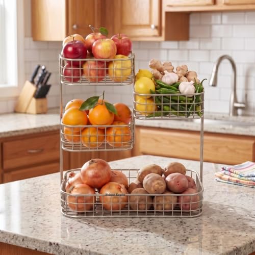 Image of 4 Tier Fruit Basket for Kitchen | Space Saving Decorative Kitchen Organizer | Multi-Layer Dining Table Organizer for Fruits, Snacks & Jars - Silver
