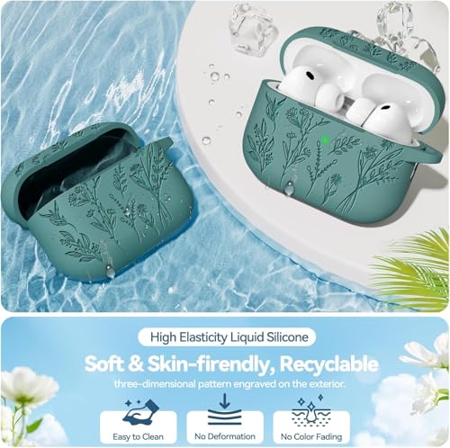 Image of Meyaar Silicone Case for AirPods Pro 3 Floral Embossed, Flower Engraved Soft Silicone Cover with Keychain, Anti-Scratch, Shockproof Protective Case Cover (Pine Green, for AirPods Pro 3 (2025))