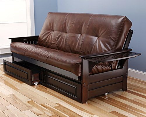Phoenix Espresso Futon Frame w/ Drawer Set w/ 8 Inch Innerspring Premium Fabric Mattress Sofa Bed Full Size Futons (Frame w/ Drawer set w/ Leather Saddle Matt)