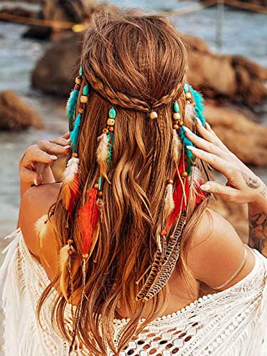 Gortin Boho Feather Headband Hippie Headpiece White Gypsy Costume Headband Indian Hair Band Festival Headdress Bohemian Feather Hair Accessory For Women And Girls thumb #2