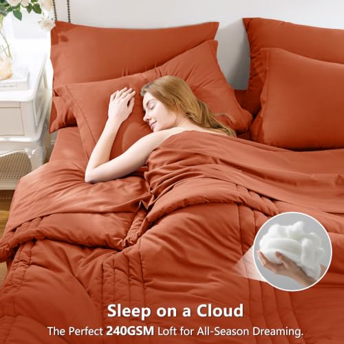 Image of CozyLux Full Size Comforter Sets Terracotta - 7 Pieces Bed in a Bag, Modern Vertical Quilted Room Decor, Soft All-Season Bedding Gift with Comforter, Sheets, Pillowcases & Shams
