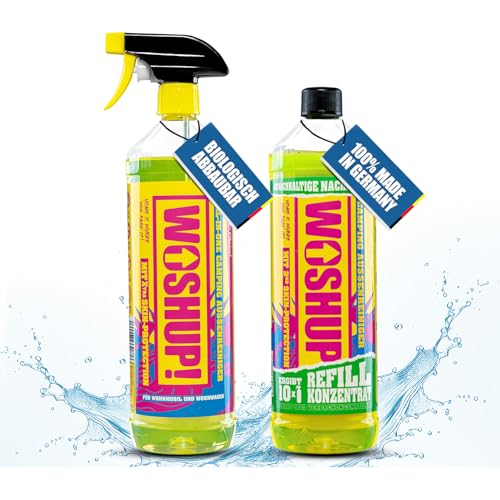WOSHUP! Wohnwagen Reiniger mit Xtra Skin Schutzfilm 1L High Power Konzentrat + Mischflasche Auto Reiniger für Camping Caravan Wohnmobil Markise GFK und Aluminium