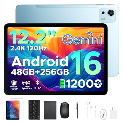 Image of P12 Plus 12.2 Inch Tablet, 2.4K 120Hz Android 16 Tablet with Gemini AI, 48GB+256GB, 12000mAh /18W, Unisoc T7300 Octa-Core, 13MP+8MP, WiFi 5, Face ID, Bluetooth 5.4, Tablet with Keyboard, Pen, Case-Blue
