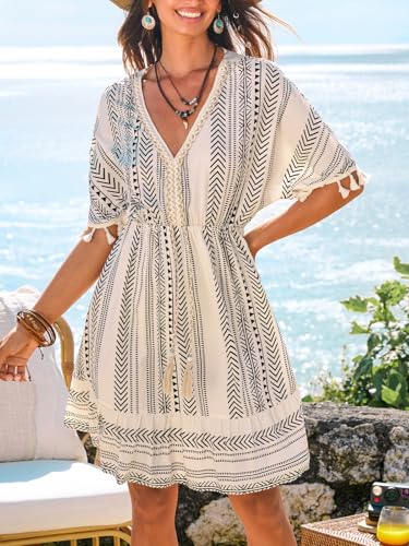 Image of CUPSHE Women Tassel Trim Summer Dress V Neck Lace Short Sleeve Paisley Boho Casual Sundress Holiday Beach Mini Dress