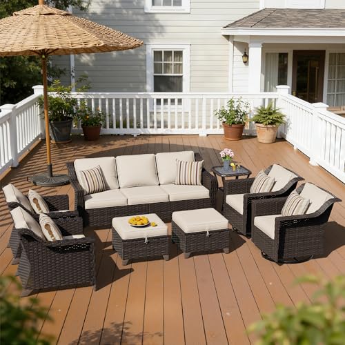 Image of 8 Piece Patio Furniture Set, Wicker Outdoor Conversation Set | Patio Chair Set with Olefin Removable Cushion, All-Weather Outdoor Couch with Deep Seat for Porch, Deck and Backyard, Beige