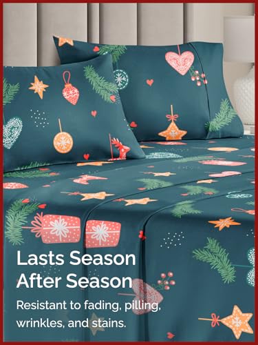 Twin Green Christmas Sheet Set - Holiday Xmas Pattern Bedding Set - Deep Pockets - Snug Fit - 3 Piece - Wrinkle Free & Easy Care - Comfy Festive Winter - Holiday Sheets for Women, Men, Kids & Teens