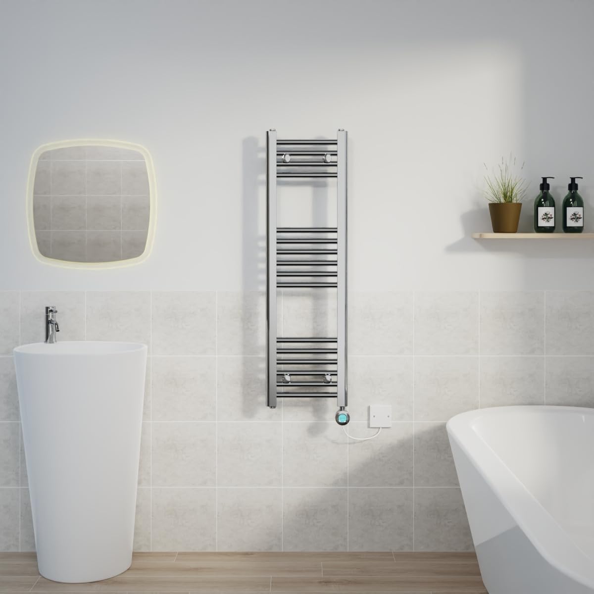 Warmehaus Prefilled Electric Thermostatic Heated Towel Rail Bathroom Ladder Radiator Straight with 400W LCD Display Timer Electric Heating Element Chrome 1000x300mm