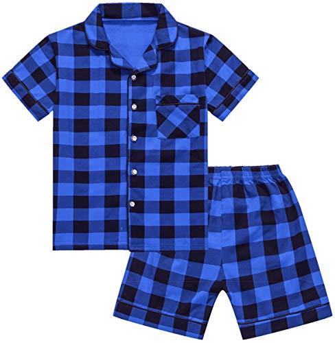 Kid s Boys Plaid 2pcs Set, Plaid Short Sleeve Button Down Shirt Pajamas Shorts Sleepwear Pajamas Set, Blue Black Plaid, 9-10 Years = Tag 170