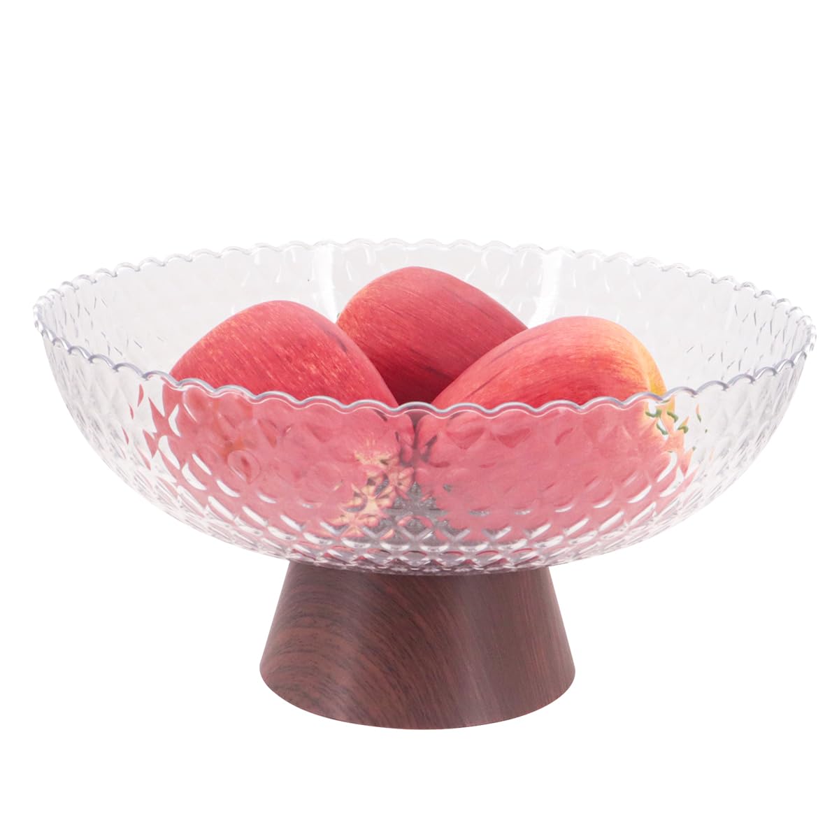 Yuhtech Fruit Bowl, Plastic Fruit Bowl, Wood Grain Decorative Pedestal Cup, Decorative Fruit Basket, Snacks Storage Tray, Snacks Tray with Removable Base and Drain Function (Transparent)