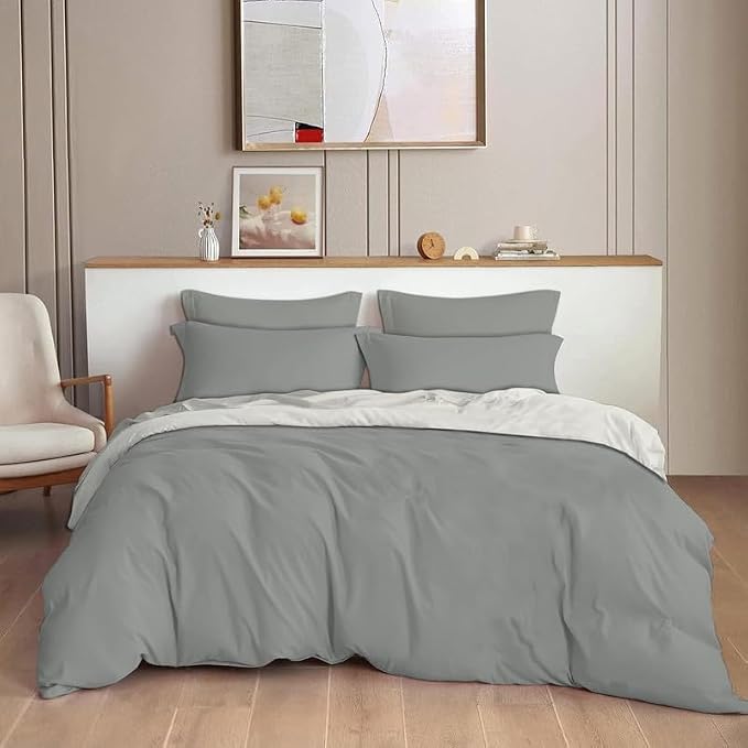 Image of Reversible Plain Glace Cotton Single Bed Quilt Cover /Duvet Cover /Rajai Cover /Blanket Cover with Zipper (60X90 Inches) (Gray Solid, Single Duvet Cover)