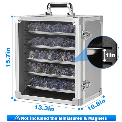 Image of ITHWIU Miniature Carrying Storage Case Aluminum Alloy Frame Transport Case, Miniatures Display Holder with 5 Magnetic Metal Tray, Silver(Medium Size)