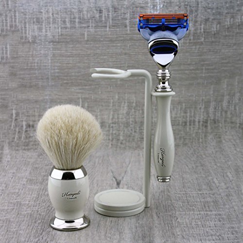 Haryali London, Set completo da barba per uomo: rasoio a 5 lame, pennello da barba Badger e supporto per rasatura a umido, elegante kit per la cura della persona da uomo - Bianco perla