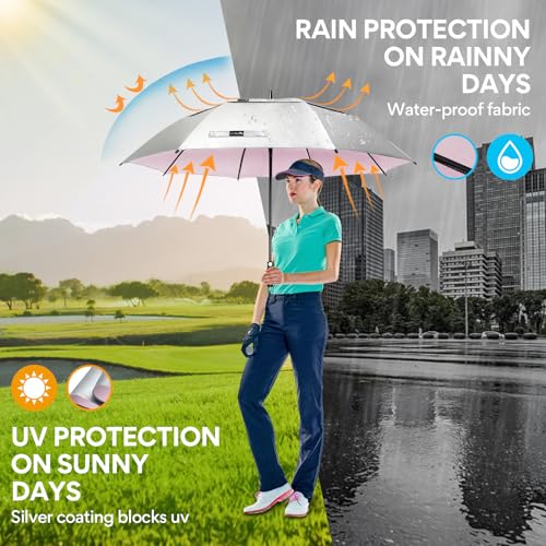 ZOMAKE UV Golf Umbrella for Sun Protection,Large Sun Umbrella Windproof and Rainproof Strong UPF 50+,Reflective Golfing Brolly 68In Unbreakable for Men Women (Silver/Pink) - Image 3