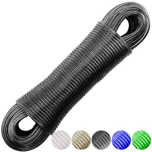 tallkeey Corde à linge avec noyau en acier, 20 m, corde à linge robuste avec 2 tendeurs, corde à linge solide pour intérieur, extérieur, jardin, noir, T-202465
