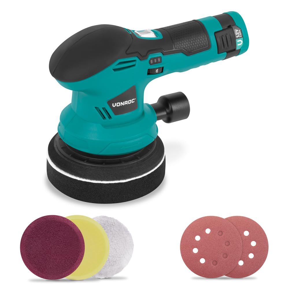 VONROC Lucidatrice 12V - 2-in-1 Lucidatrice e Levigatrice, 6 Velocità, Ø125mm, Ricarica USB-C, Accessori Inclusi