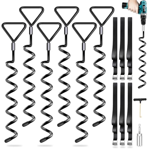 Image of Trampoline Stakes Ground Anchors Screw in, Trampoline Anchors with Strong Straps, Spiral Earth Swing Set Anchor Heavy Duty for Trampolines(Black-6Pack)