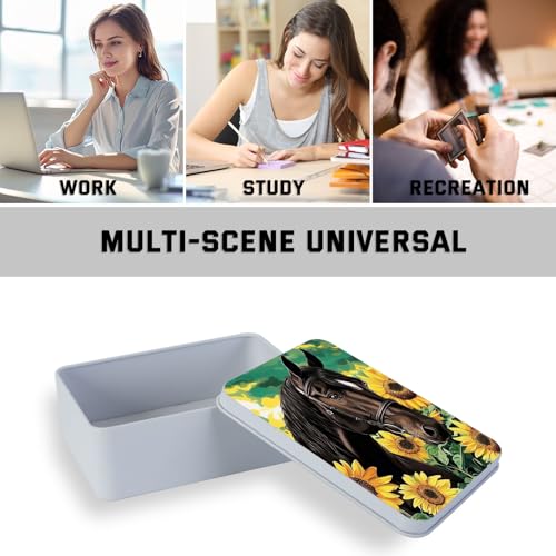 Image of Metal Tin Box with Lid for Game Cards Home Organizer Candles Keys Crafts Storage - Equipped with 4 Magnetic Cord Clips,Horses and Sunflowers