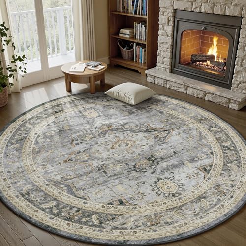 6 ft Round Rugs for Living Room Bedroom Rug Circle Area Rug for Dining Room Table Throw Vintage Circular Rugs Washable Soft Comfortable Neutral Grey Grey 6' (Round)