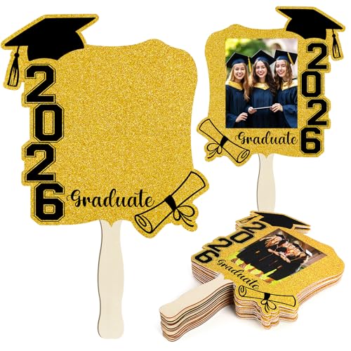 Graduation Face Fans with Handle Double Sided Custom Graduation Face Cutouts Fans on a Stick DIY Photo Frame for Class of 2026 Grad Photo Props Graduation Party Souvenirs Supplies(12 Pcs Gold)